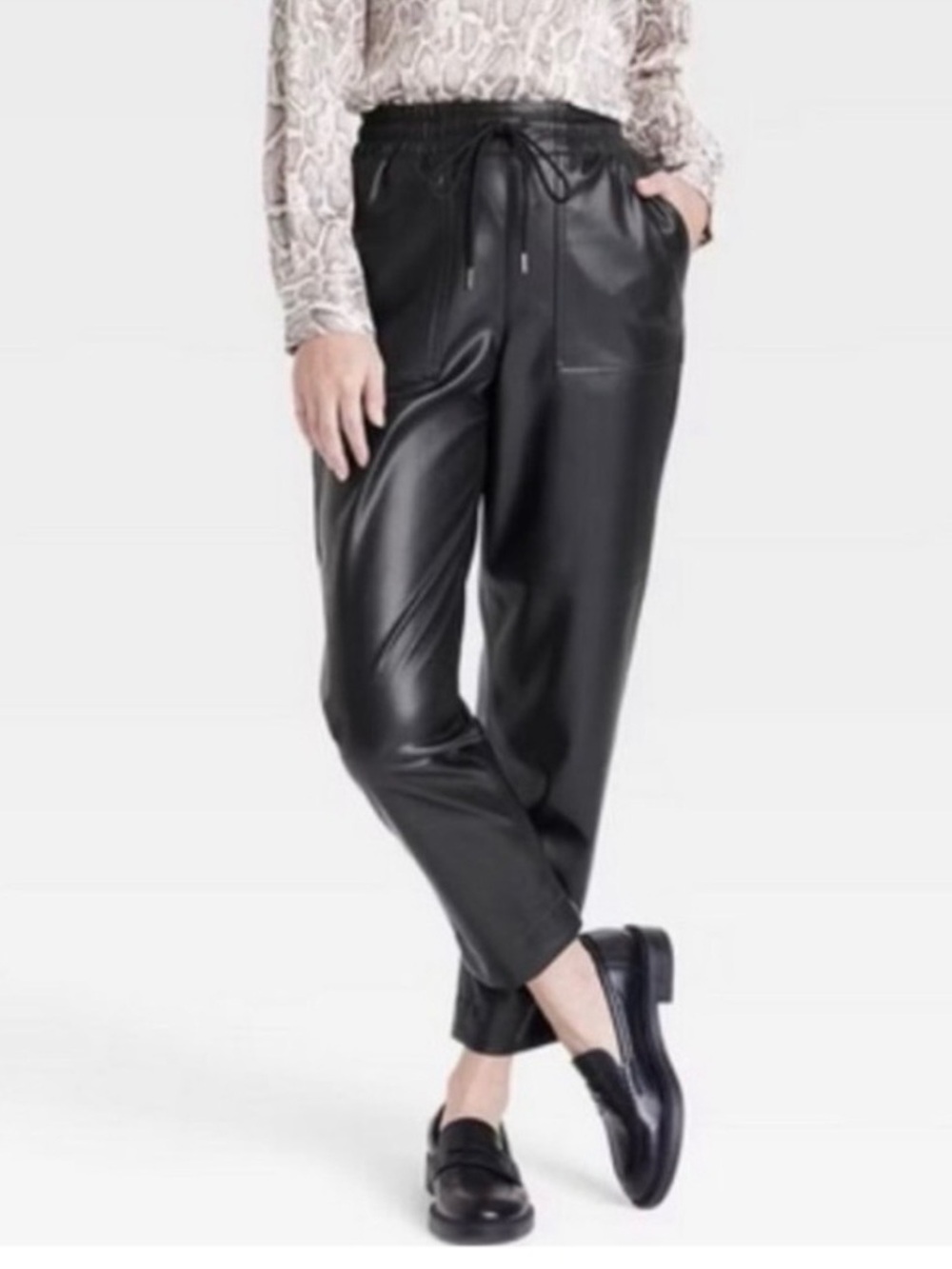 Dark Green Faux Leather Drawstring Pants